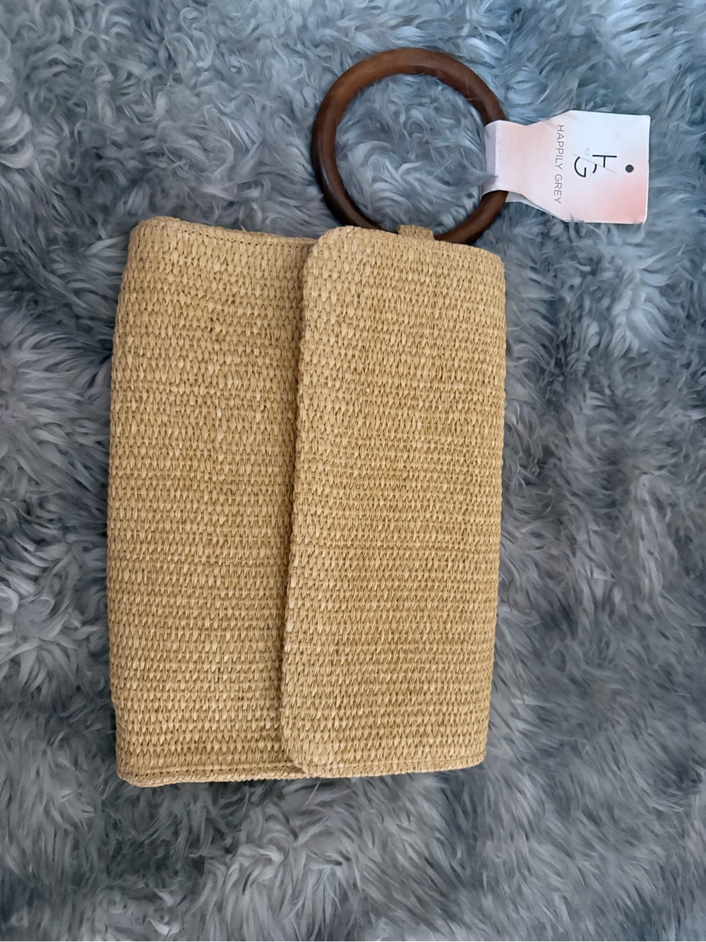 Handheld Straw Clutch with Wooden Ring Handle - Happily Grey